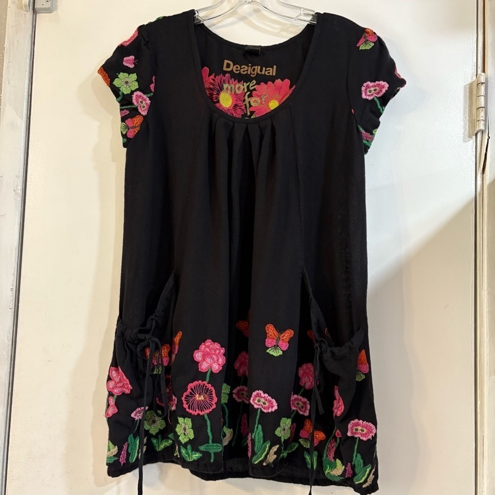 Desigual Flower Day Embroidered Tunic Top Long Line Butterfly Black Y2K